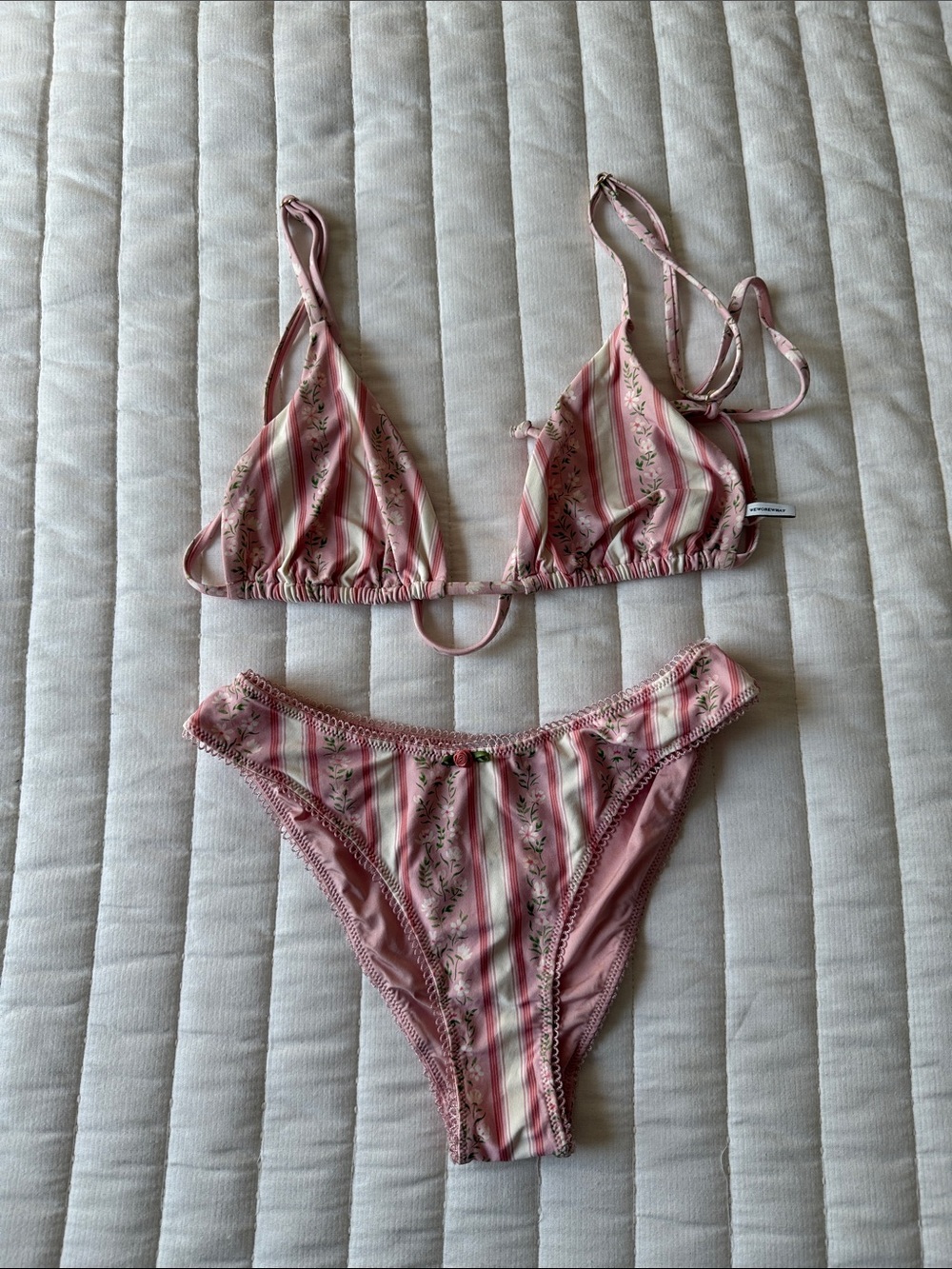 WeWoreWhat Pink Striped Floral Triangle Bikini
